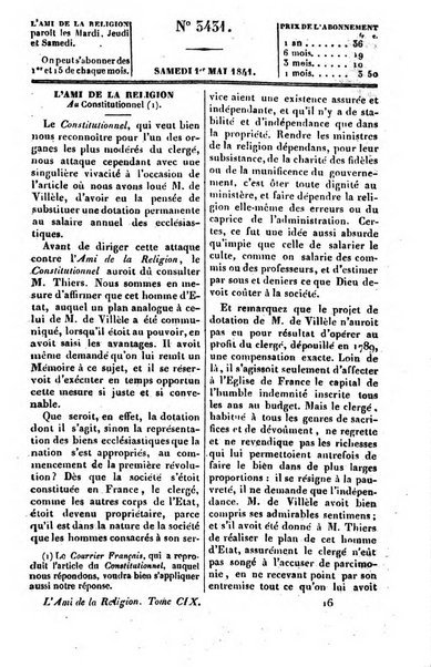 L'ami de la religion journal et revue ecclesiastique, politique et litteraire