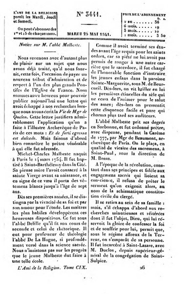 L'ami de la religion journal et revue ecclesiastique, politique et litteraire