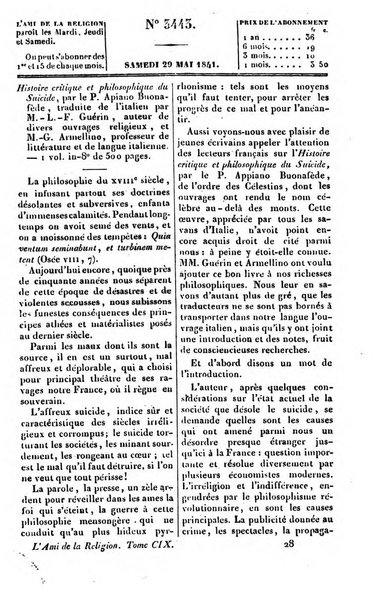 L'ami de la religion journal et revue ecclesiastique, politique et litteraire