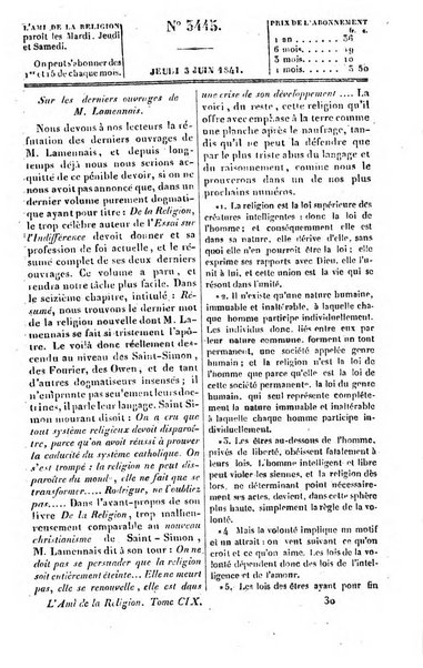 L'ami de la religion journal et revue ecclesiastique, politique et litteraire