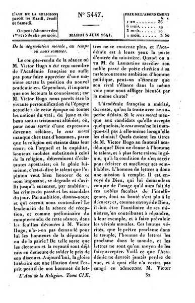 L'ami de la religion journal et revue ecclesiastique, politique et litteraire