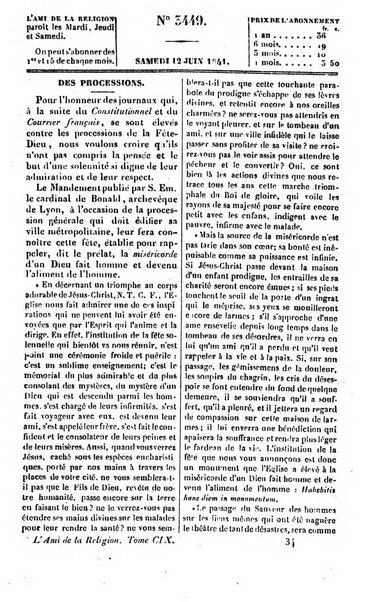 L'ami de la religion journal et revue ecclesiastique, politique et litteraire