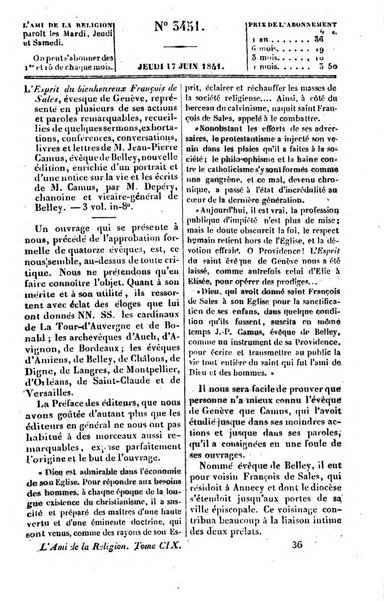 L'ami de la religion journal et revue ecclesiastique, politique et litteraire