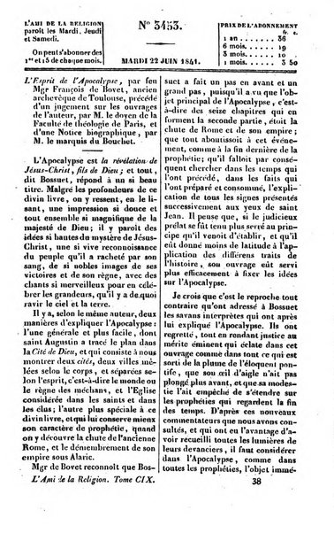 L'ami de la religion journal et revue ecclesiastique, politique et litteraire