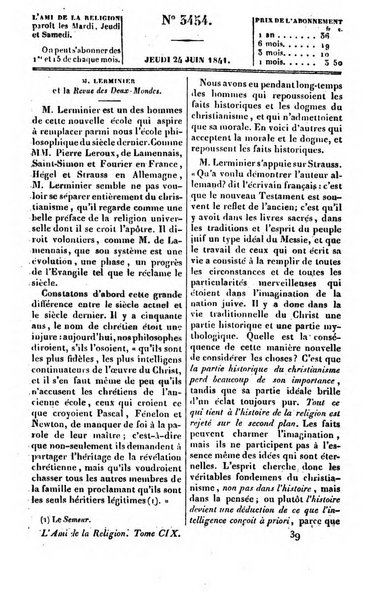 L'ami de la religion journal et revue ecclesiastique, politique et litteraire