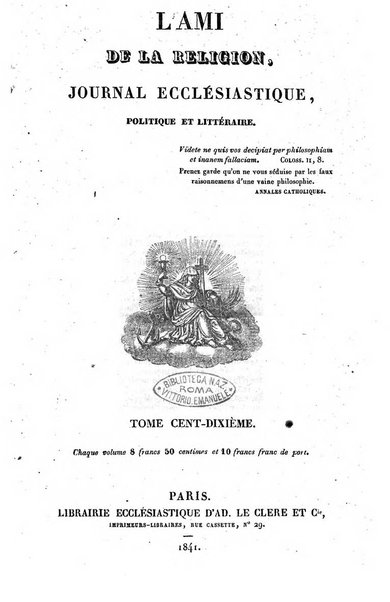 L'ami de la religion journal et revue ecclesiastique, politique et litteraire