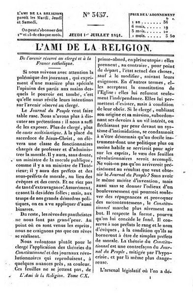 L'ami de la religion journal et revue ecclesiastique, politique et litteraire