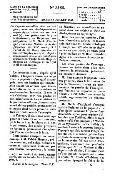 L'ami de la religion journal et revue ecclesiastique, politique et litteraire