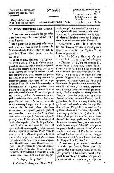 L'ami de la religion journal et revue ecclesiastique, politique et litteraire