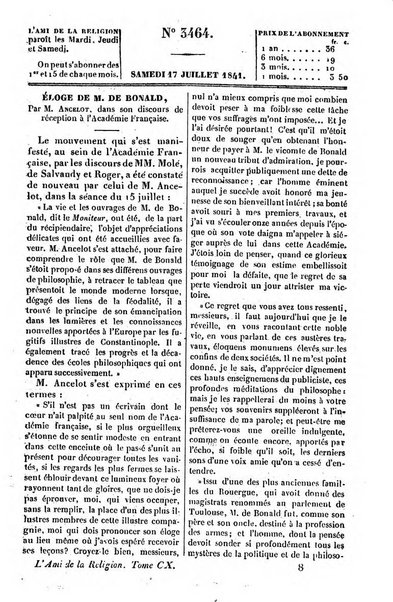 L'ami de la religion journal et revue ecclesiastique, politique et litteraire