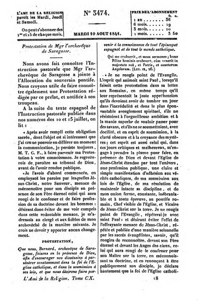 L'ami de la religion journal et revue ecclesiastique, politique et litteraire