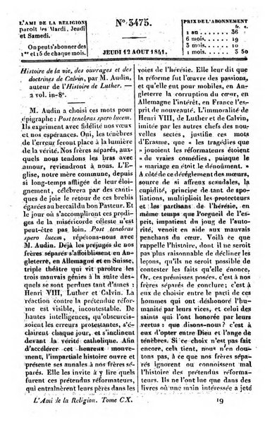 L'ami de la religion journal et revue ecclesiastique, politique et litteraire