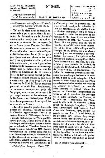 L'ami de la religion journal et revue ecclesiastique, politique et litteraire