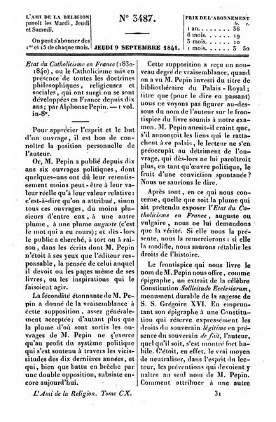 L'ami de la religion journal et revue ecclesiastique, politique et litteraire