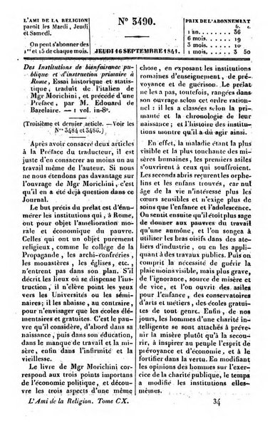 L'ami de la religion journal et revue ecclesiastique, politique et litteraire