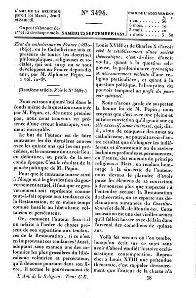 L'ami de la religion journal et revue ecclesiastique, politique et litteraire