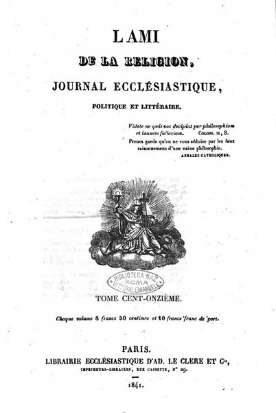 L'ami de la religion journal et revue ecclesiastique, politique et litteraire