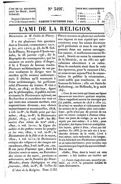 L'ami de la religion journal et revue ecclesiastique, politique et litteraire