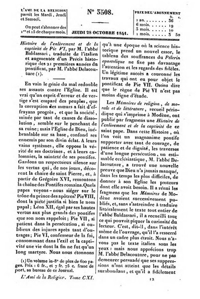 L'ami de la religion journal et revue ecclesiastique, politique et litteraire