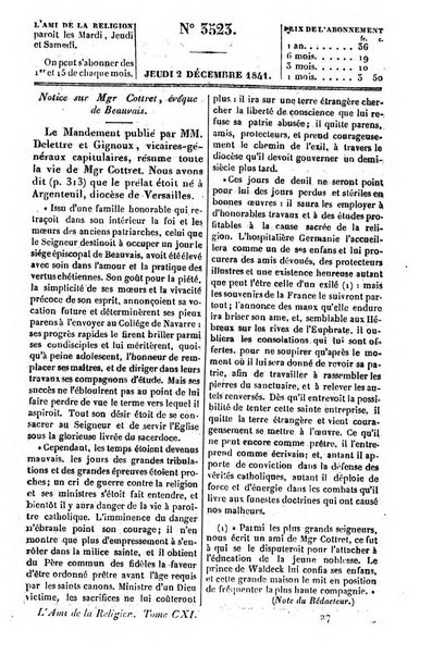 L'ami de la religion journal et revue ecclesiastique, politique et litteraire