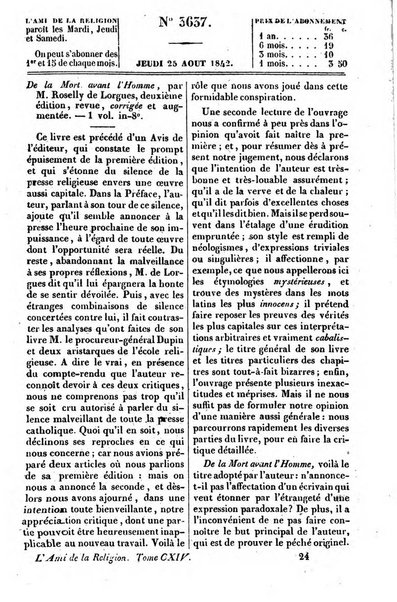 L'ami de la religion journal et revue ecclesiastique, politique et litteraire