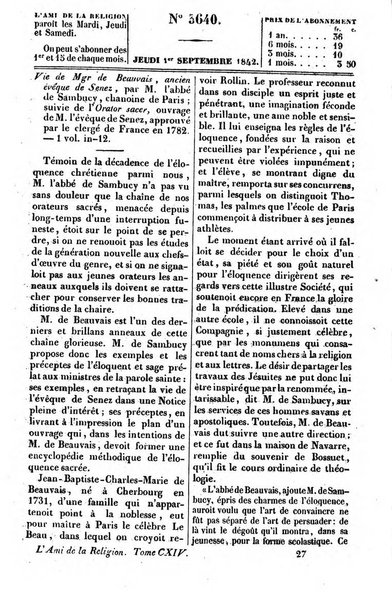 L'ami de la religion journal et revue ecclesiastique, politique et litteraire