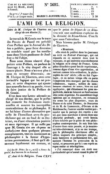 L'ami de la religion journal et revue ecclesiastique, politique et litteraire