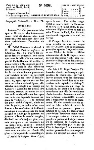 L'ami de la religion journal et revue ecclesiastique, politique et litteraire