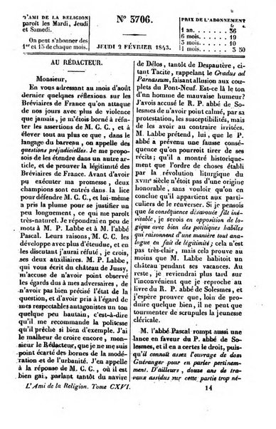 L'ami de la religion journal et revue ecclesiastique, politique et litteraire