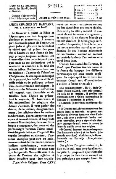 L'ami de la religion journal et revue ecclesiastique, politique et litteraire