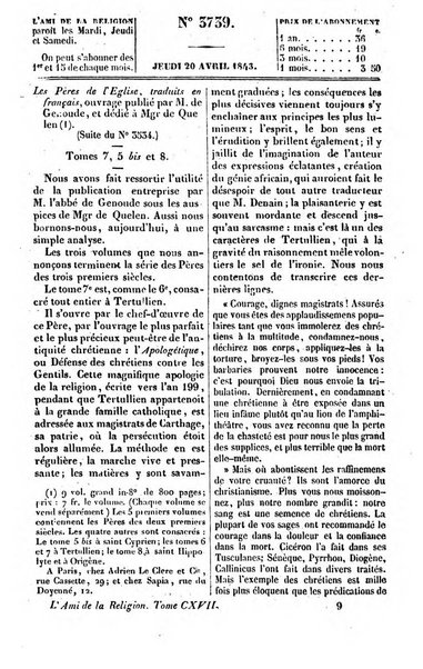 L'ami de la religion journal et revue ecclesiastique, politique et litteraire