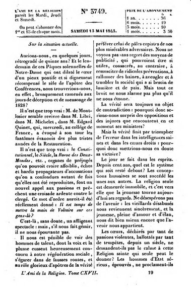 L'ami de la religion journal et revue ecclesiastique, politique et litteraire