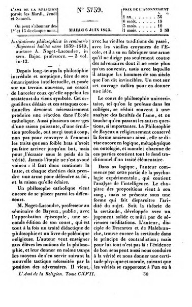 L'ami de la religion journal et revue ecclesiastique, politique et litteraire