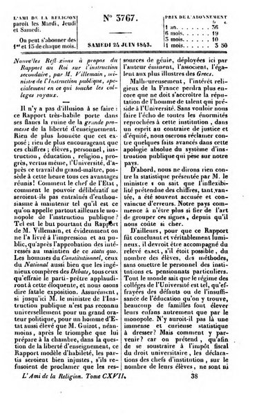 L'ami de la religion journal et revue ecclesiastique, politique et litteraire