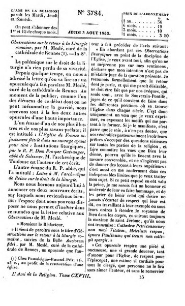 L'ami de la religion journal et revue ecclesiastique, politique et litteraire