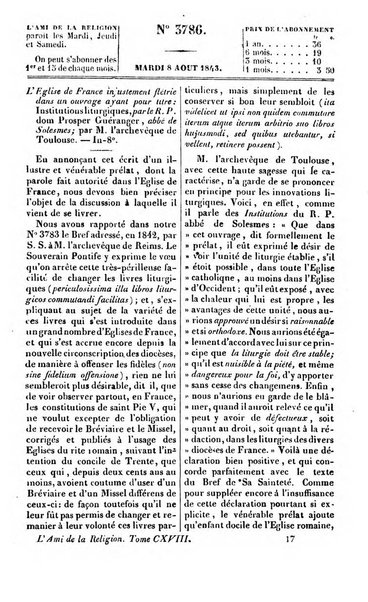 L'ami de la religion journal et revue ecclesiastique, politique et litteraire