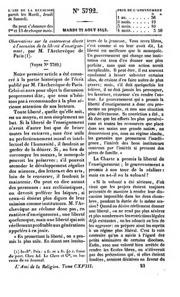 L'ami de la religion journal et revue ecclesiastique, politique et litteraire