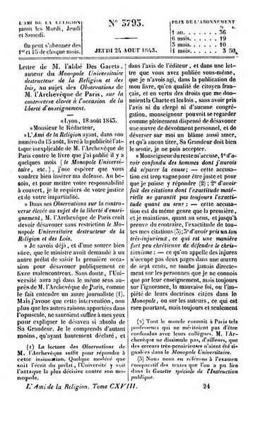 L'ami de la religion journal et revue ecclesiastique, politique et litteraire