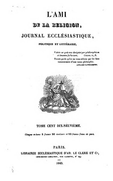 L'ami de la religion journal et revue ecclesiastique, politique et litteraire