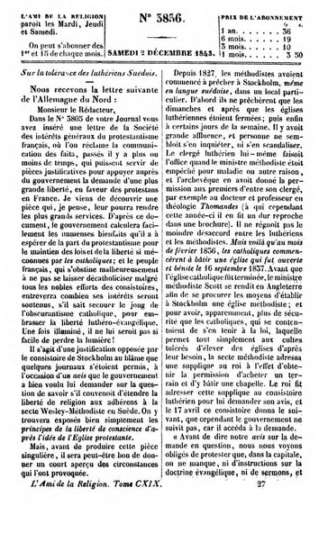 L'ami de la religion journal et revue ecclesiastique, politique et litteraire