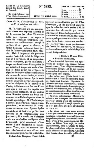 L'ami de la religion journal et revue ecclesiastique, politique et litteraire