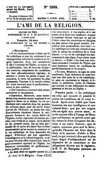 L'ami de la religion journal et revue ecclesiastique, politique et litteraire