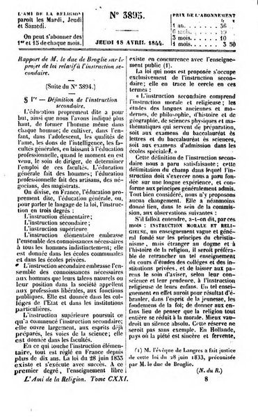 L'ami de la religion journal et revue ecclesiastique, politique et litteraire