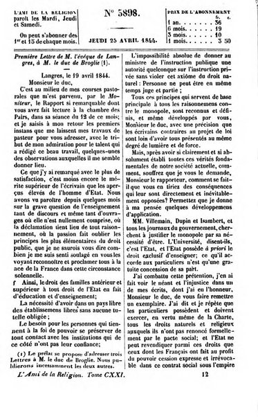 L'ami de la religion journal et revue ecclesiastique, politique et litteraire