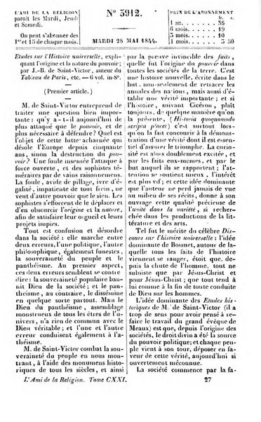 L'ami de la religion journal et revue ecclesiastique, politique et litteraire