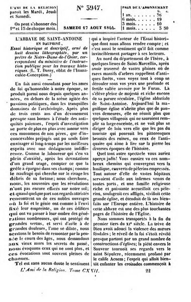 L'ami de la religion journal et revue ecclesiastique, politique et litteraire