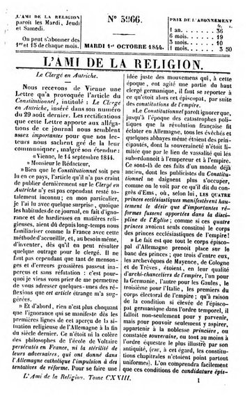 L'ami de la religion journal et revue ecclesiastique, politique et litteraire