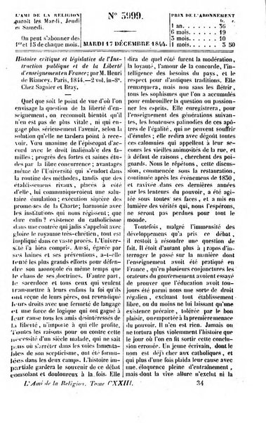 L'ami de la religion journal et revue ecclesiastique, politique et litteraire