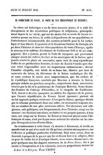 L'ami de la religion journal et revue ecclesiastique, politique et litteraire