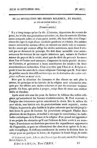 L'ami de la religion journal et revue ecclesiastique, politique et litteraire